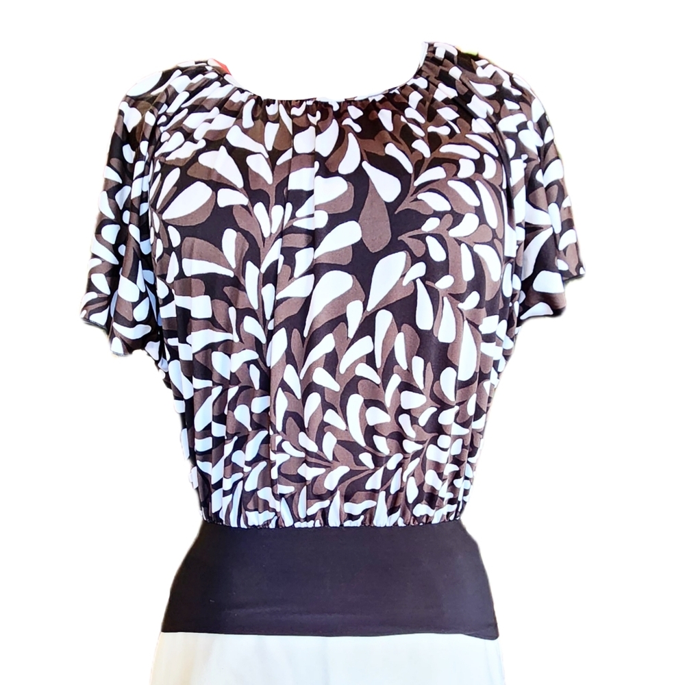 Cocomo Petite Black White & Taupe Bell Sleeve Fitted Waist Blouse